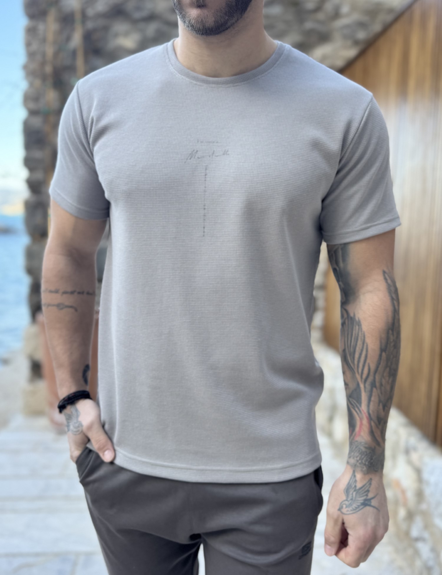 Ανδρική γκρι κοντομάνικη μπλούζα με ανάγλυφο ύφασμα και τύπωμα στο στήθος 252824G